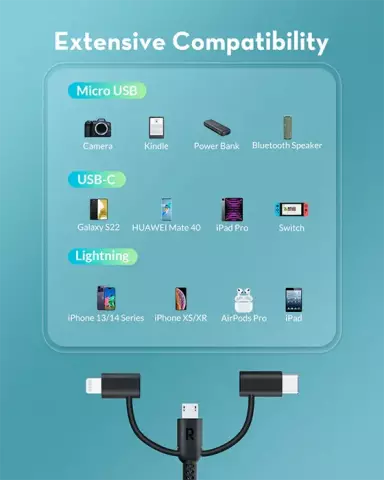 کابل شارژ 1.2 متری USB به Type-C ، Lightning و Micro USB راوپاور مدل RP-CB1033